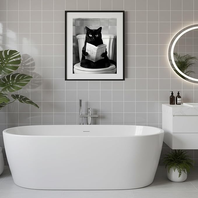 Zhfmoir Funny Black Cat on Toilet Wall Art 12x16 Inch, Humorous Bathroom Cat Canvas Print with Hooks, Waterproof Glossy Funny Animal Poster for Bathroom Decor, Office, Dorm, Gag Gift