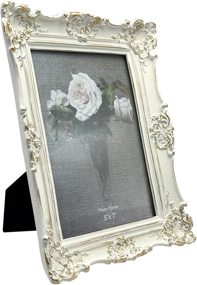 CISOO 5x7 Vintage Picture Frame Antique Ornate White with Gold Photo Frame, for Table Top and Wall Display, Decorative Floral Design Retro Home Decor, Photo Gallery Art