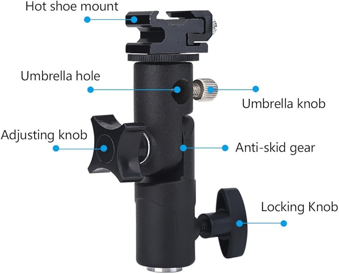 Yoidesu Camera Flash Mount, E Type Flash Stand Bracket, Adjustable Detachable Hot Shoe Mount Adapter Umbrella Holder, with 1/4inch and 3/8inch Screw Adapter