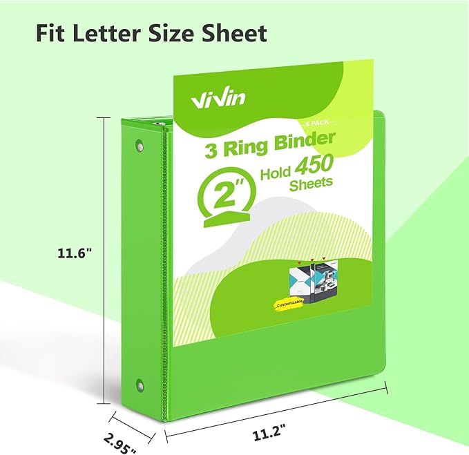 ViVin 2 Inch Round Ring View Binder for Durability, Standard 3 Ring Binder for 450 Sheets of US Letter Size Paper, PVC-Free, 6-Pack (Ivy Green)