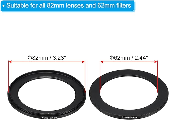 PATIKIL 82mm-62mm Metal Step Down Ring with Cleaning Cloth, 2 Pack Camera Lens Filter Adapter Ring Aluminum Filter Adapter Ring for Camera Lenses Hood, Black