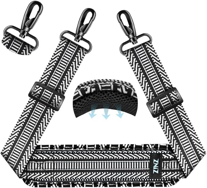 ZINZ 75" Shoulder Strap with Fixed Pad and Dual Balanced Buckles，Black White Jacquard