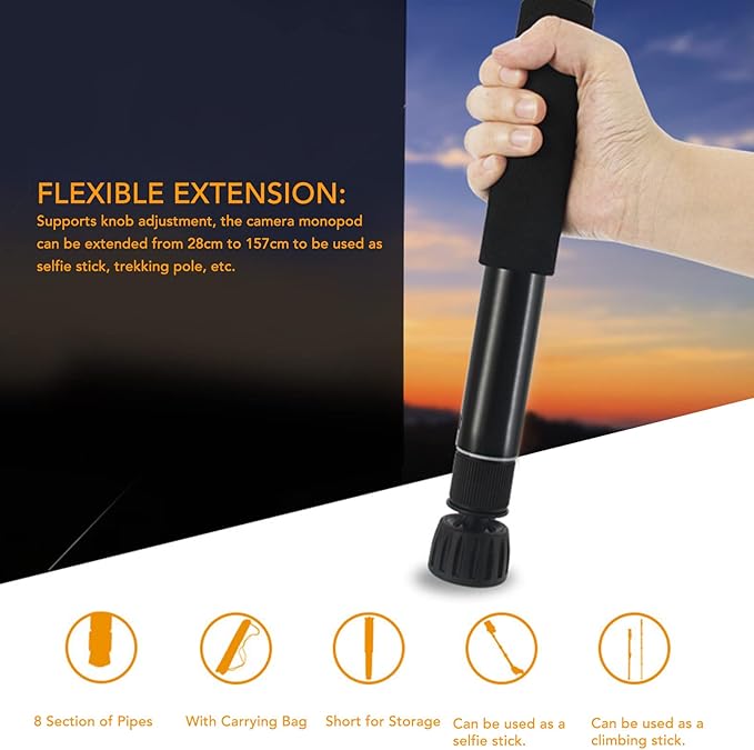 62 Inch Camera Monopod, 8 Sections Aluminum Camera Camcorder Monopod 157cm / 61.81in Portable Travel Selfie Stick DSLR Monopod, Trekking Pole for Hiking Camping