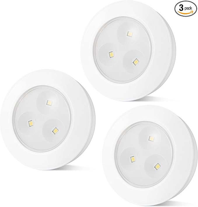 BIGMONAT LED Puck Light, Stick on Lights, Closet Lights Battery Operated, Tap Lights, 60 Lumens Touch Light, Under Cabinet Lighting, Ideal for Kitchen Cabinets, Closets, Garage and More, 3-Pack, White