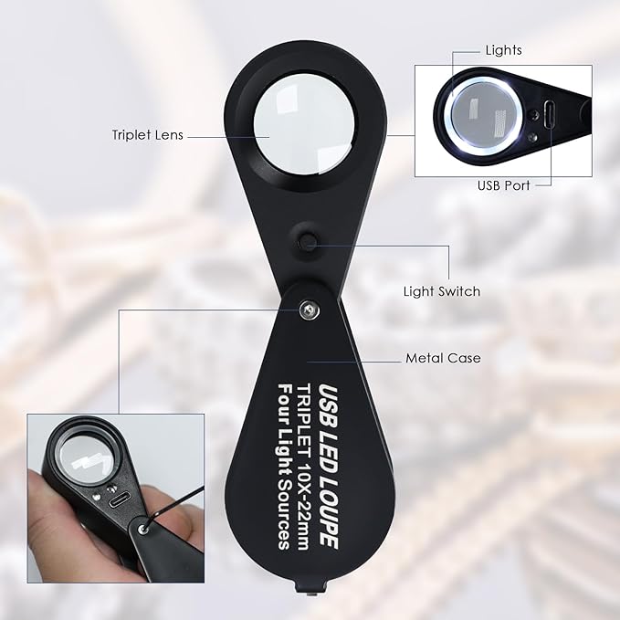 10X Jewelers Loupe with UV & LED Lights with Four Light Modes,22mm Portable Pocket Folable Loupe Jewelry Magnifier for Jewelry, Rocks, Coins (Black)