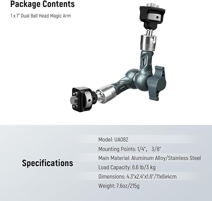 NEEWER 7" Articulating Magic Arm, Camera Monitor Mount Ball Heads Anti Twist Pins 1/4" 3/8" Screws for DSLR Action Camera Webcam Video Light Compatible with SmallRig Cage Rig, Max Load 6.6 lbs, UA082