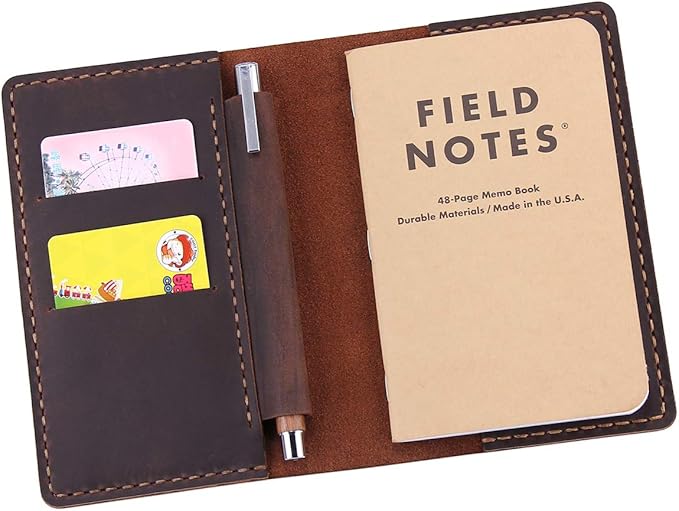 Leather Notebook Cover for Field Notes, Handmade Journal Cover for Moleskine Cahier Journal, Leather Cover with Pen Holder fits 3.5" x 5.5" Pocket Notebook - Coffee
