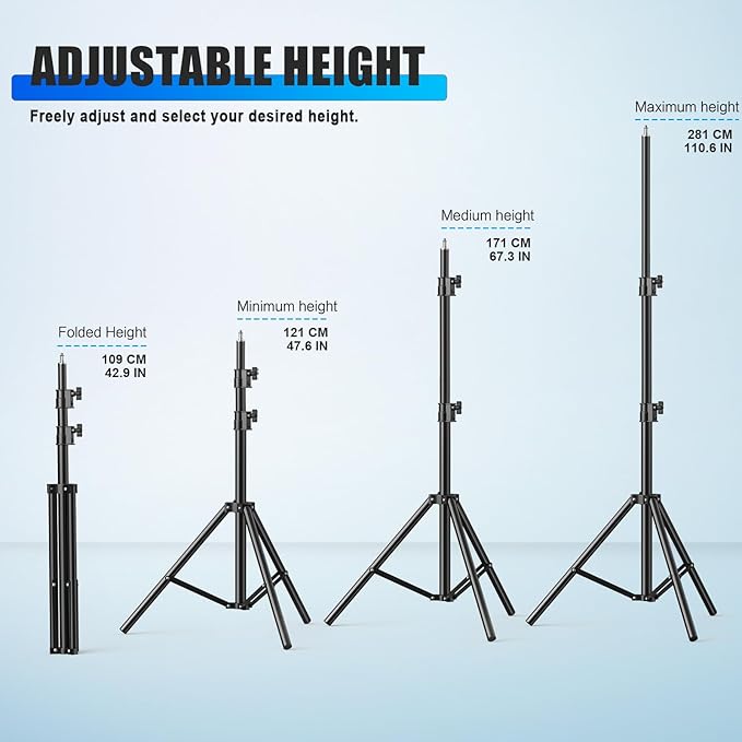 Professional Light Stand Photography 110"/9.2ft/280cm, Air Cushioned Photo Video Metal Tripod Stand for Softbox, Studio Light, Reflector, Ring Light, Heavy Duty Max Load 8kg/17.6lb, 1/4" Screw