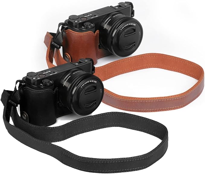 MegaGear Ever Ready Genuine Leather Camera Half Case Compatible with Sony ZV-E10 (Black)