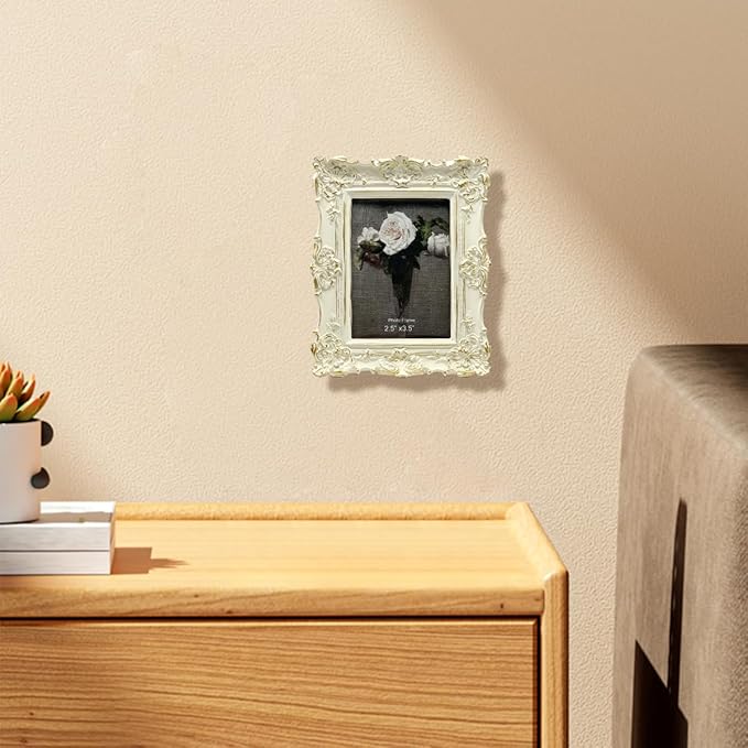 CISOO 2.5x3.5 Vintage Small Picture Frame, Antique Ornate White with Gold Wallet Size Photo Frame, for Table Top and Wall Display, Decorative Floral Design Retro Home Decor, Photo Gallery Art