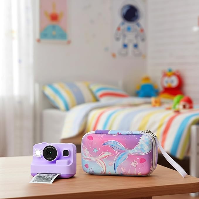 Case Compatible with DYLANTO for ESOXOFFORE for ETIKEZ for YTETCN for DUDUDRAGON Instant Print Camera, Kids Camera Storage for Accessories (Box Only) (Case and 3 Paper Rolls, Purple-fish)