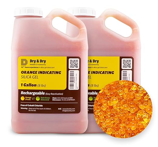 "Dry & Dry" [16 LBS] Premium Orange Indicating Silica Gel Desiccant Beads(Industry Standard 3-5 mm) - Rechargeable(2 Gallon)