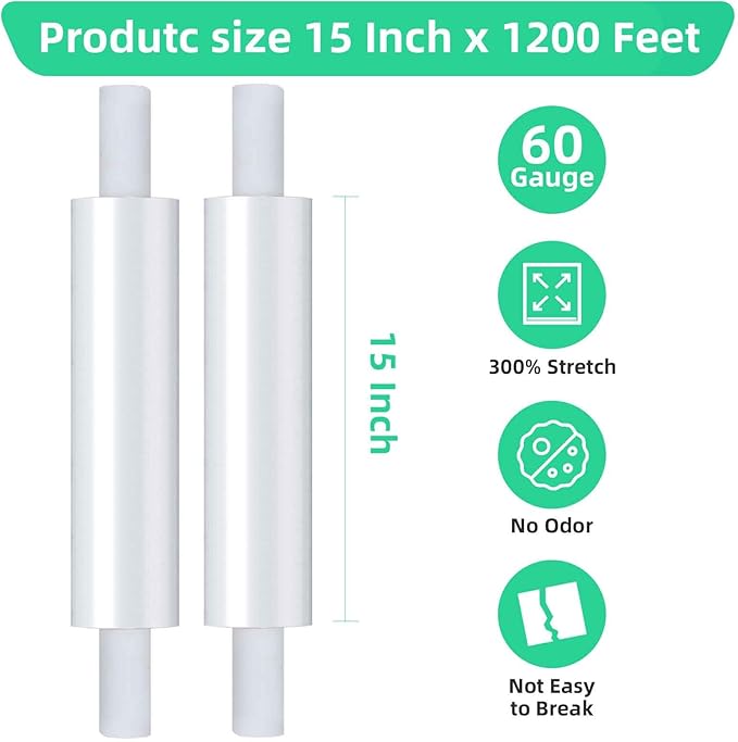2 Rolls Stretch Film Wrap with Handles 15"x 1200ft, Heavy Duty Clear Plastic Wrap, Shrink Wrap for Pallet Wrap, Moving Furniture, Suitcases, Donations & Storage, Stretch Wrap for Shipping & Travel