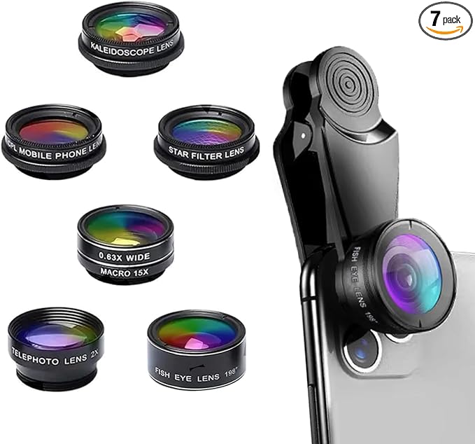 Phone Camera Lens Kit 7 in 1, Fish Eye + Wide Angle + Macro Camera Lenses, Cell Phone Len Attachments Accessory for iPhone, for Samsung, for Android Smartphone