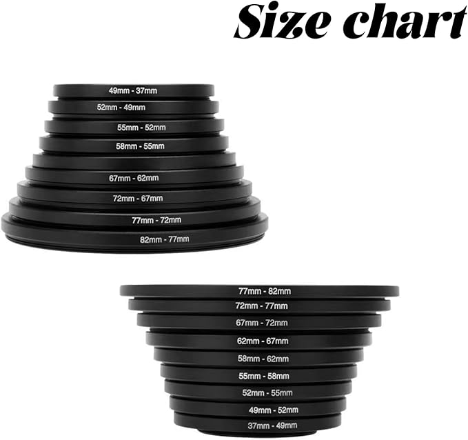 18Pcs Filter Ring Adapter Set, 37-82mm (Includes 9pcs Step Up Ring Set + 9pcs Step Down Ring Set) for Lens Filters, Lens Hoods, and Lens Converters