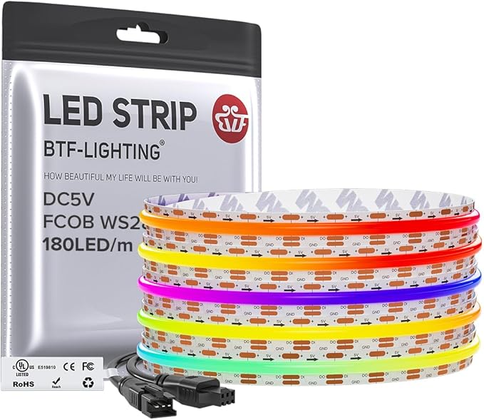 BTF-LIGHTING FCOB COB WS2811(WS2812B) IC RGB 180LED/m 720IC LED Strip DC5V 13.1FT Individual Addressable Flexible High Density Uniform Light Dream Chasing Color 10mm Width(NO Adapter or Controller)