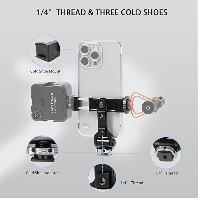Metal Phone Tripod Mount Adapter with Cold Shoe, 360° Swivel 180° Tilt, Phone Holder Clamp Compatible with iPhone 16, 15 Pro Max Galaxy S24, etc. Free Adjustment Joints