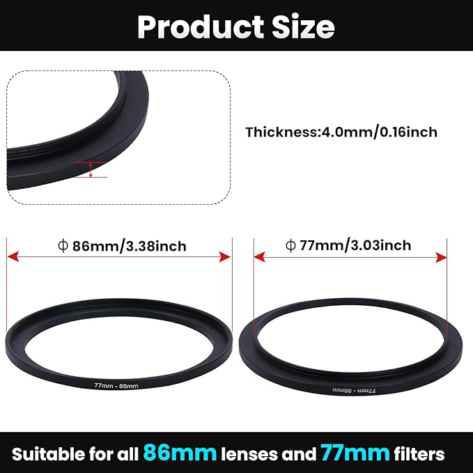 Metal Step Up Ring Filter Adapter - 77mm to 86mm - Metal Ring Step Up Rings Adapter Filter Compatible with All 86mm UV, CPL, ND, Lens Hood, Threaded Lens ect