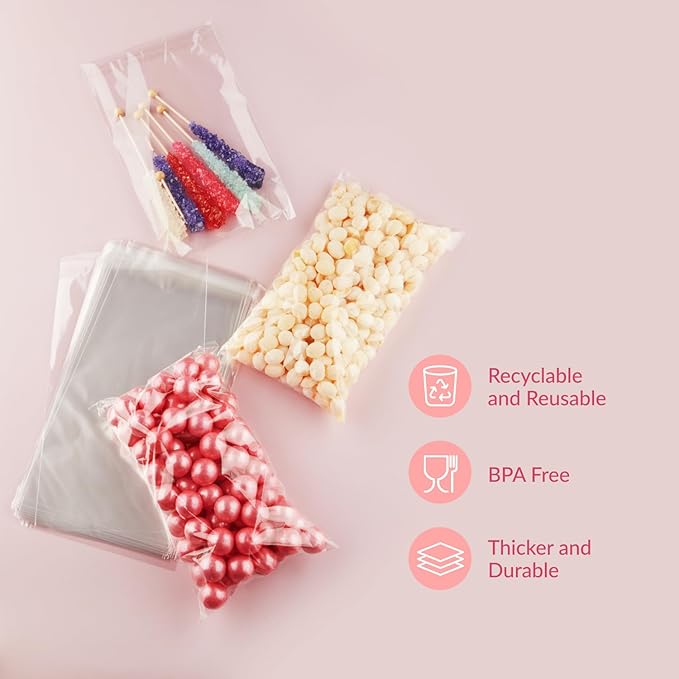 Prestee 200 Pack Self-Sealing Cellophane Bags 6x10 - Clear Bags for Small Gifts, Cookies, Candy, and Bakery - Airtight Goodie Bag for Gift Giving and Packaging - Food-Safe Plastic Treat Bag