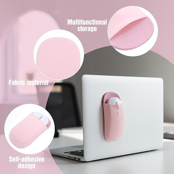 Slim Mouse Holder for Laptop, Universal Wireless Mouse Sleeve Pouch for Laptop Stick on, Pink Adhesive Computer Mouses Pocket Holder Case, No Glue Residue