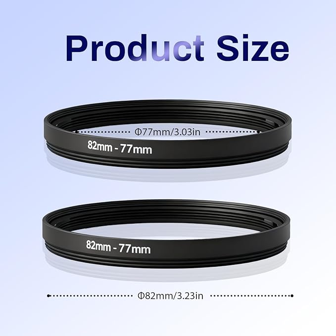 82mm-77mm Step Down Lens Filter Adapter Ring, Camera Lens Filter Metal Stepping Rings Kit Black Compatible 82mm Lens to 77mm UV/ND/CPL Filters Threaded Lens Accessories
