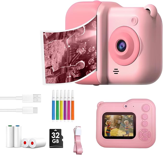 Kids Camera Instant Print, Christmas Birthday Gifts for Girl Boys 3-12 Years Old, Dual Camera HD Digital Video Cameras for Toddler 4 Rolls Print Paper & 32G Card (Pink)