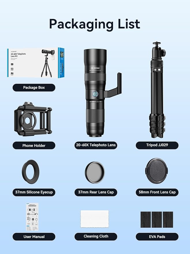 MIAO LAB 20-60X Zoom Telephoto Lens for Smartphones | High-Power Phone Lens Kit with Tripod & Universal Clip | Compatible with iPhone 17/16/15/14/13 Series, Samsung & Android Devices