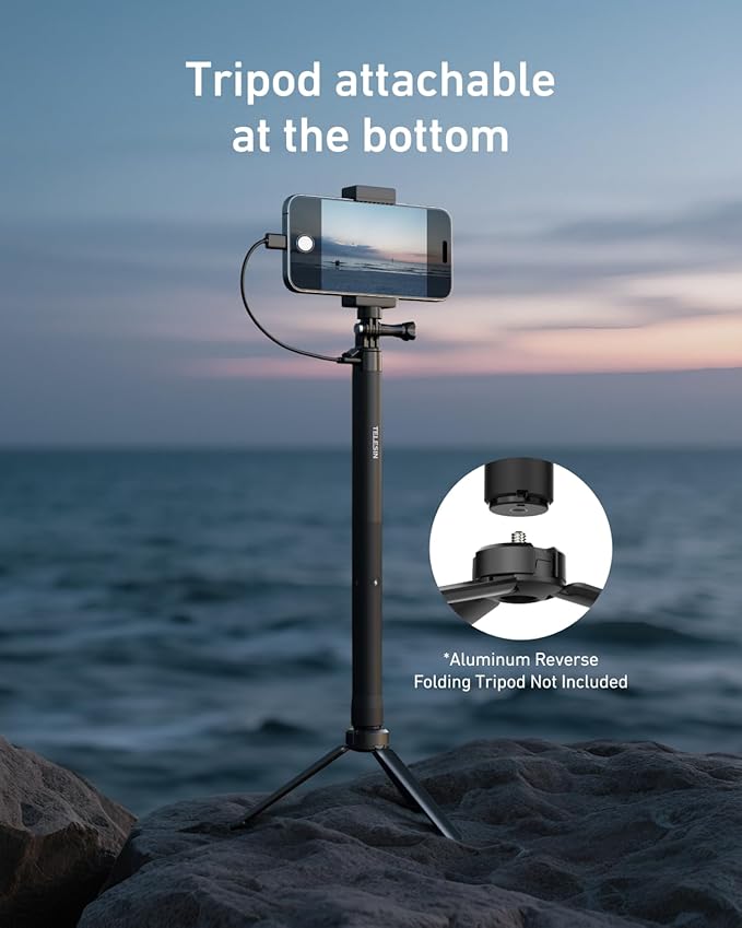 TELESIN Power Grip Selfie Stick for DJI OSMO Namo Action 6 5 Pro 4 3,GoPro Hero 13 12 11,Insta360 X5 X4 Action Camera & Phone, 40.16"Extension Charging Handle Grip, Portable Battery Power Selfie Pole