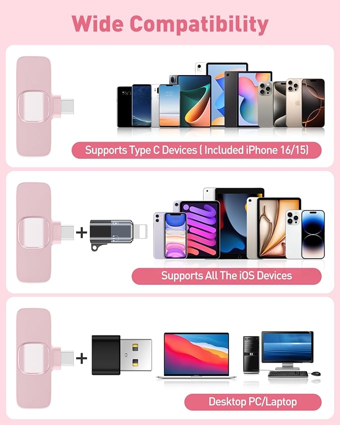 PoP voice USB C Pink Mini Microphone for iPhone 16/15/14/Android, Wireless Lavalier Microphone with Noise Reduction, Lapel Lav Mic for Vlog YouTube TikTok Recording, 12H, 65ft