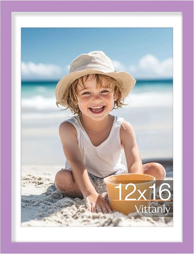 Vittanly 12x16 Picture Frame, Made of Solid Wood and Shatterproof Plexiglass, Display Pictures 11x14 with Mat or 12x16 without Mat, Wooden Photo Frame for Wall Mounting, Purple, 1 Pack