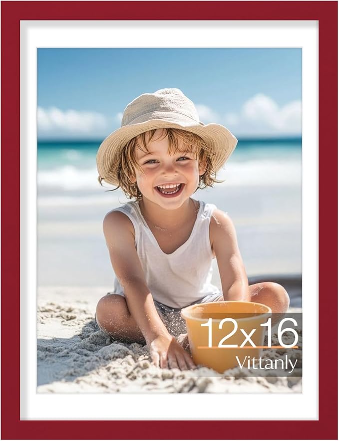 Vittanly 12x16 Picture Frame, Made of Solid Wood and Shatterproof Plexiglass, Display Pictures 11x14 with Mat or 12x16 without Mat, Wooden Photo Frame for Wall Mounting, Red, 1 Pack