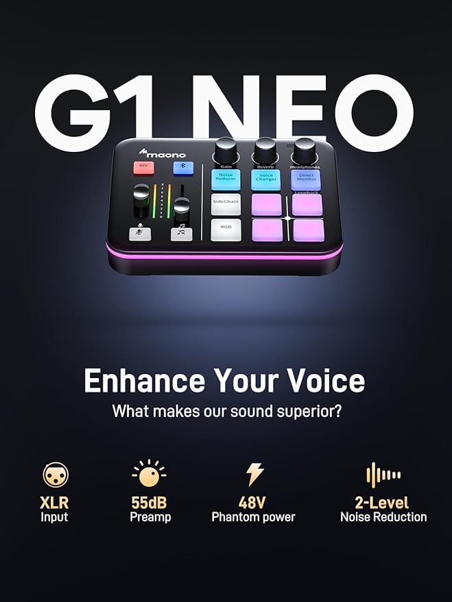 MAONO Gaming Streaming Equipment Bundle: Audio Interface Mixer and XLR Dynamic Mic RGB Noise Reduction Live Streaming Podcasting MaonoCaster PD200XS&G1 NEO