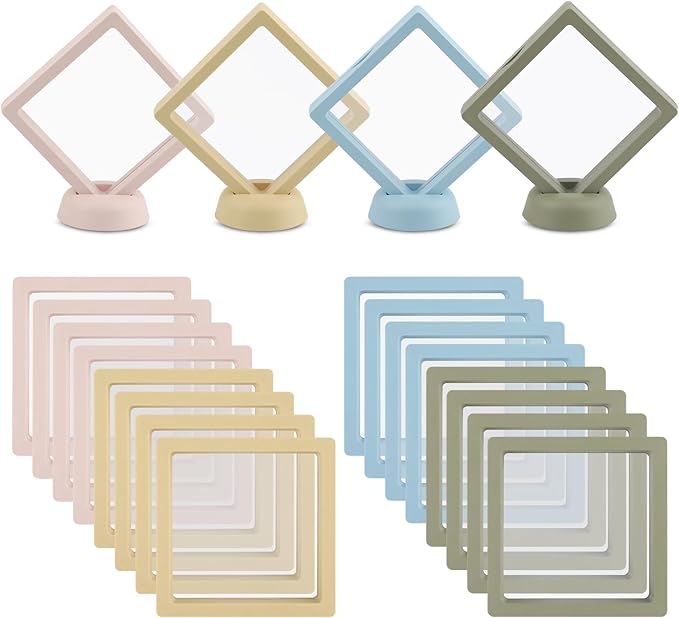 20 Pcs Floating Frame Case with Stands, 3.5X 3.5 x 0.8 inch, Challenge Coin Display,Transparent PE Jewelry Storage Box, Floating Display Holder Stands for Antique Challenge Coins, Medallion(4 Color)