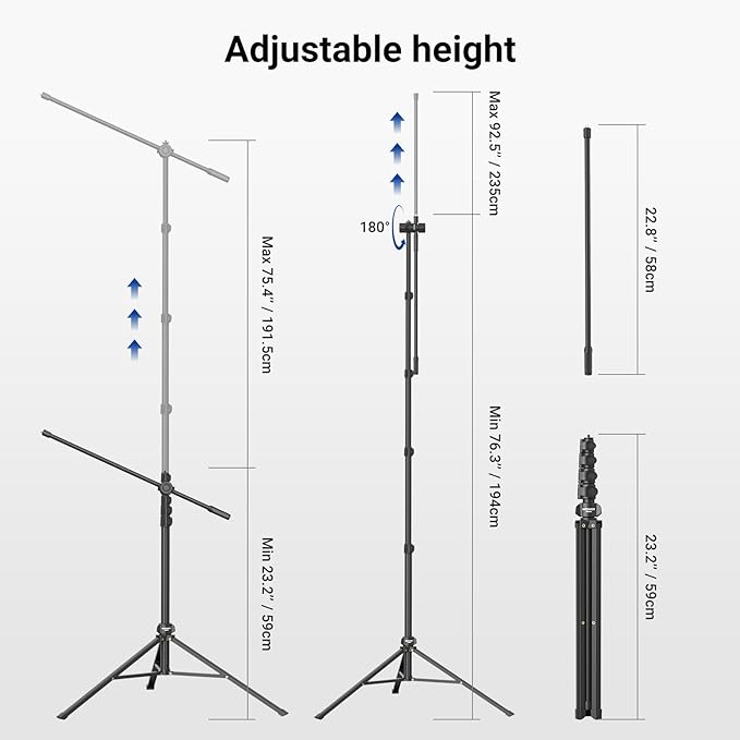 NEEWER Mic Stand Floor, Microphone Tripod with Boom Arm, Heavy Duty Adjustable Stand & Arm with 2 Mic Holder Clamps, 3 Cable Clips, Bag, 3/8" to 5/8" Adapter for Singing Podcast Recording, MS046