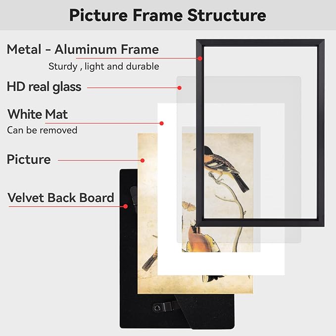 BKABOT 10x12 Picture Frame, Black Aluminum Metal Photo Frames with HD Glass, Fits 8x10 with Mat or 10 x 12 without Mat, Display for Wall, 1 Pack