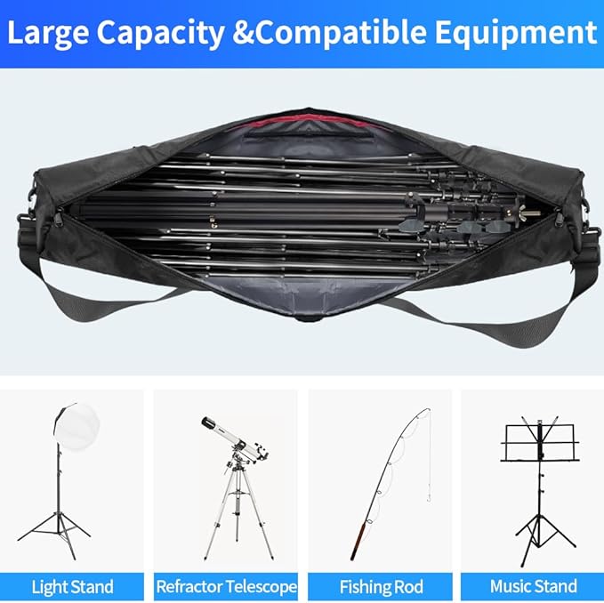 HEMMOTOP 39-inch Tripod Carrying Case, 0.2in Padded Light Stand Bag with Shoulder Strap and Carry Handle, Tripod Bag with 2 Zippered Pockets Fits Tripods with Head up to 39In – Lightweight Version