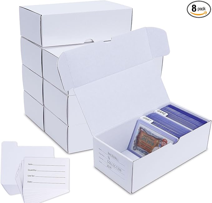 Toploader Storage Box, 8-Pack•100 Count Corrugated Cardboard Trading Card Top Loaders with Dividers & Labels for TCG/Magic/Mtg Organizer and Collection