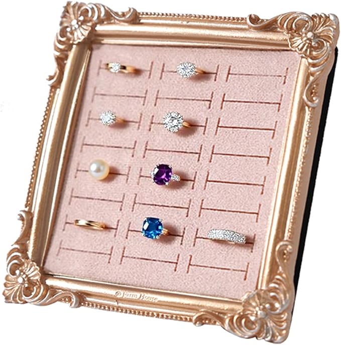 Vintage Photo Frame Ring Holder - 24 Slot Velvet Jewelry Organizer Display Stand for All Ring Sizes, Gold Baroque Elegant Storage Tray for Wedding Engagement Collection Photography (Pink)