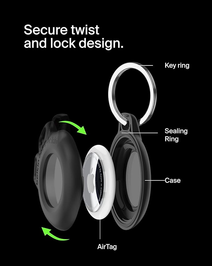 Belkin Waterproof Apple AirTag Secure Holder with Key Ring - Durable Scratch-Resistant AirTag Case, Protective Keychain Accessory for Keys, Pets, Luggage, Backpacks, and More - Black (2-Pack)