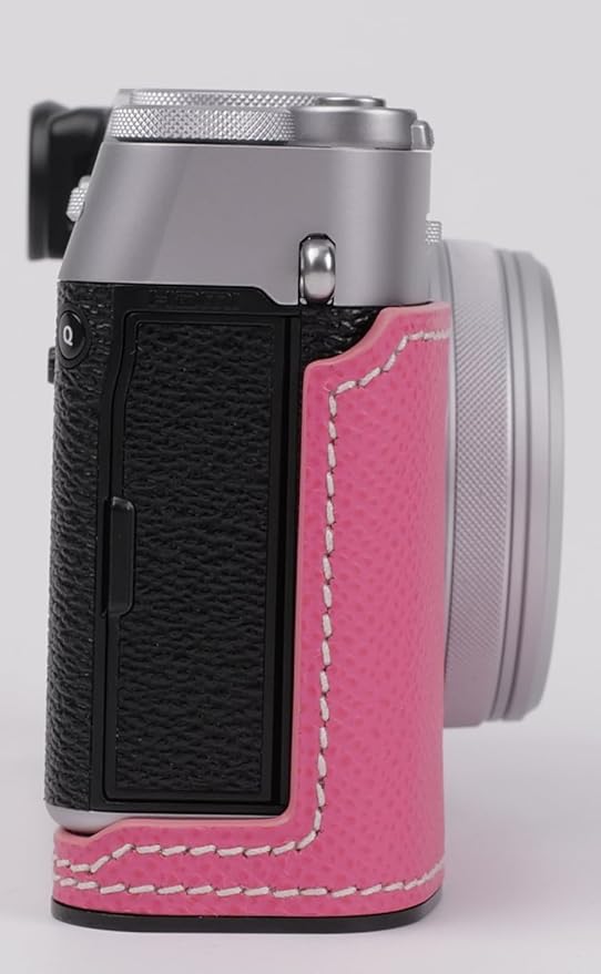 Uchandmade Genuine Leather Camera Half Case for Fujifilm X100VI - Top Layer Cowhide Body + Metal Base Plate - Hand Shank Free Design (Pink)
