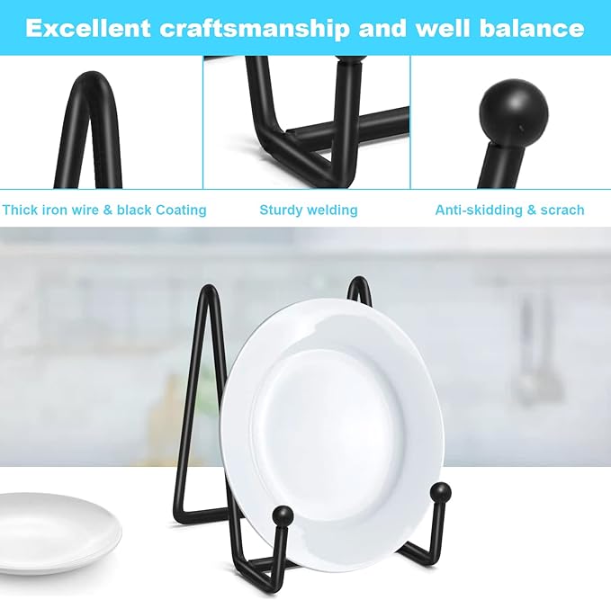 Ouskr 4 Pcs 4-1/4 Inch Plate Stands for Display, Metal Iron Picture Frame Holders Stand for Book Photo Small Easels Plaque Dish Art Tabletop Decorative Black