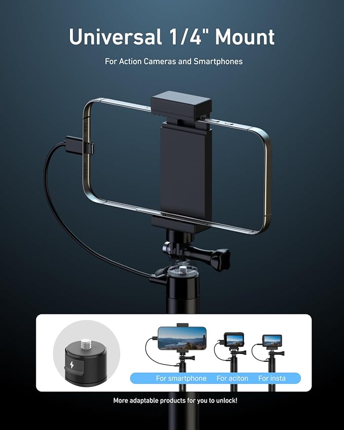 TELESIN Power Grip Selfie Stick for DJI OSMO Namo Action 6 5 Pro 4 3,GoPro Hero 13 12 11,Insta360 X5 X4 Action Camera & Phone, 40.16"Extension Charging Handle Grip, Portable Battery Power Selfie Pole