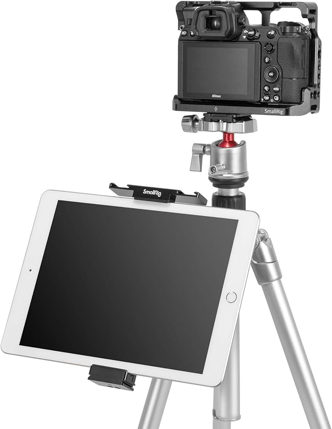 SMALLRIG Metal Holder for iPad Tripod Mount Adapter with 2 Cold Shoe, 1/4" Screw, w/Plate for Acra Swiss Standard, for iPad mini Air Pro Surface Pro (7.9” to 12.9”), Universal Tablet Clamp