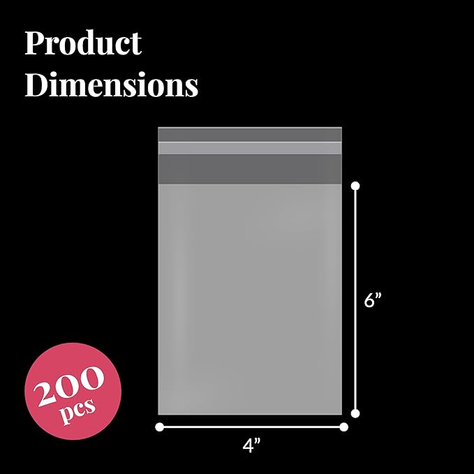 Prestee Self Sealing Cellophane Bags 4x6 In - 200 Pack - Clear Poly Bags for Cookies, Treats, and Gifts - Self-Sealing Closure - 100% Polypropylene -Food-Friendly Cello Bags - Clear Bags for Packaging