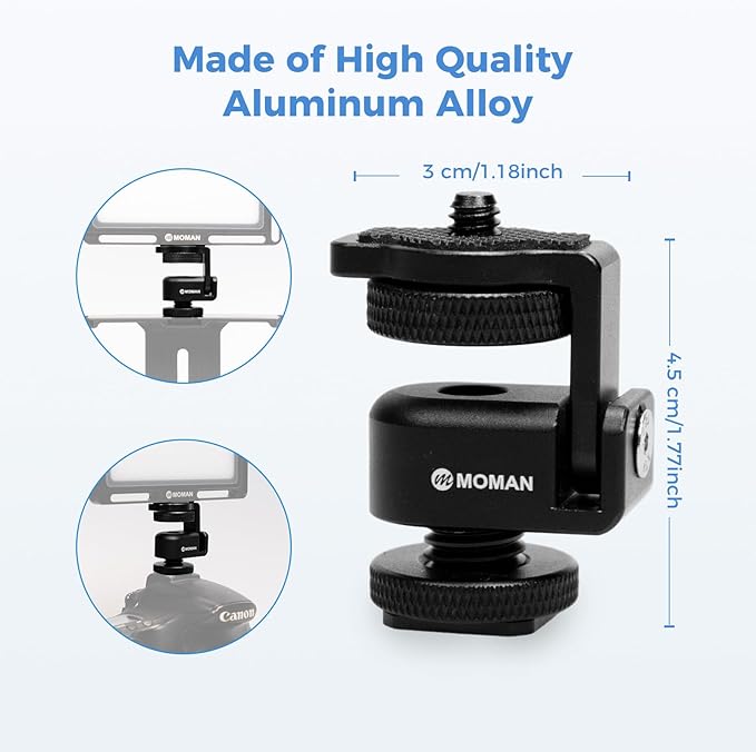 Moman Ball Head Cold Shoe Mount 1/4" Mini Adapter BH02 with 1/4"-20 Thread for Camera Microphone LED Video Light Monitor (2 Pack)