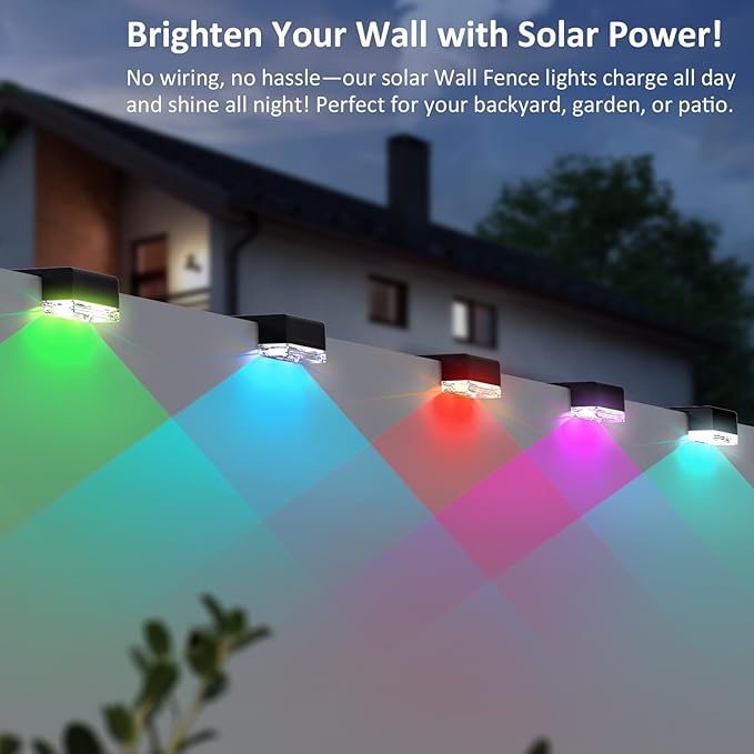 8PK Solar Fence Lights Outdoor - Warm White & RGB 6 Color, Dusk to Dawn Deck Light, IP65 Waterproof Garden Lights for Outside/Backyard/Railing/Step/Patio/Wall
