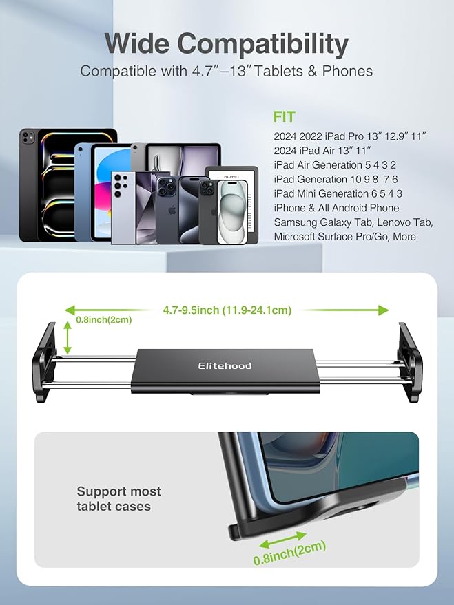 elitehood Aluminum Dual Ball Head Tablet Holder for Mic Stand, Adjustable iPad Mic Stand Holder, Side Mount Microphone Music Stand Phone Holder Mount for iPad, iPhone,4, 7-12.9in Tablets