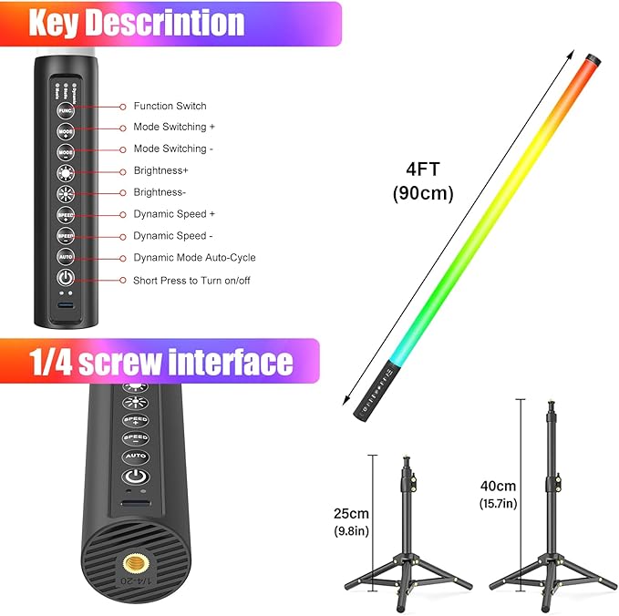 LUXCEO 2Pack 90cm RGB Tube Light Bar (3Ft) with Light Stand, 5000 mAh Battery Powered LED Video Light Wand Stick for DJ Lighting, Dance Club and Photography Lighting