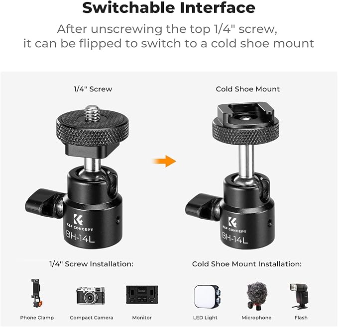 K&F CONCEPT Super Clamp Camera Clamp with 360° Ballhead, Compatible with GoPro/AKASO/Insta360/Pocket 3, 1/4" Screw & Cold Shoe Mount for Camera/Monitor/Light/Microphone