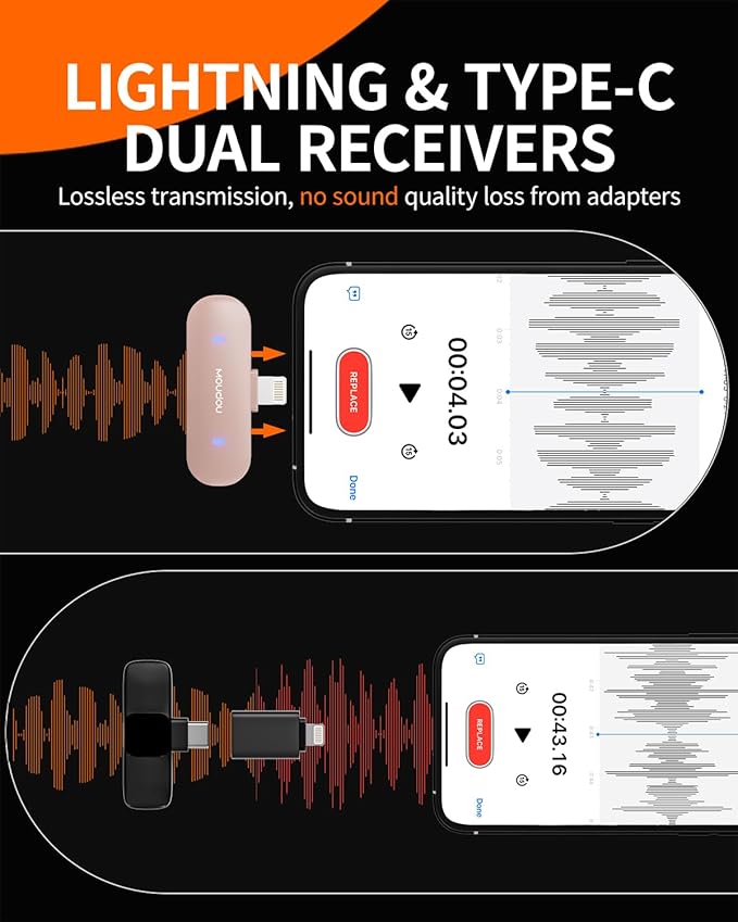 Mini Microphone for iPhone Wireless lavalier mic Podcast lav Noise Cancelling Reduction Lapel Tiny Microphone for Video Recording Android Interview Vlog YouTube Tiktok (USB-C&Lightning, Pink)
